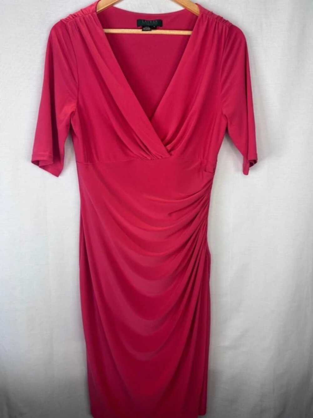 Ralph Lauren Dress Size 10 Fuchsia Ruched Faux Wrap V-Neck